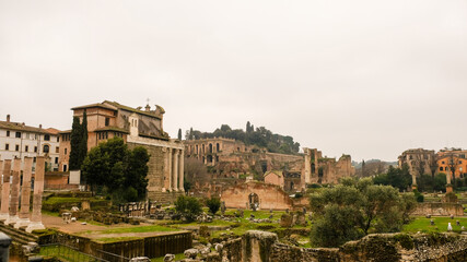 Fototapeta na wymiar Rome, Forum Romanum. Amazing landscape of the ancient romans ruins.