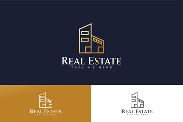 Gold Real Estate Logo with Line Style. Construction, Architecture or Building Logo Design