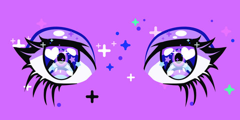 Close-up of anime big cartoon eyes with long eyelashes and sparkles.