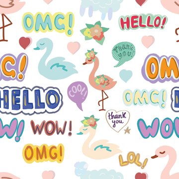 Stickers with inscriptions in English flamingos swans hearts flowers vector hand-drawn. Printtextile vintage bright funny cartoon pictures cute