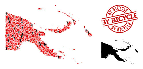 Collage map of Papua New Guinea organized from covid items and people items. By Bicycle textured seal stamp. Black people elements and red flu virus elements. By Bicycle text is inside round seal.