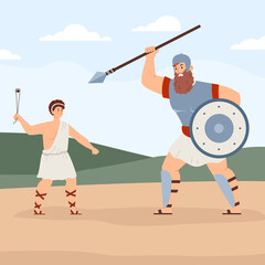 Fight of bible characters goliath and david a flat cartoon vector illustration