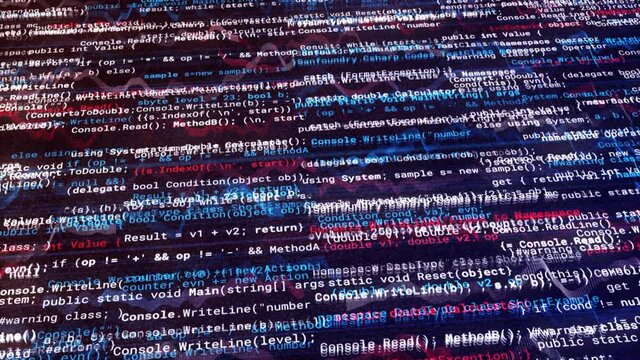 Many narrow lines of abstract program code are written automatically on black background. Animation. Working program code, software and internet concept.