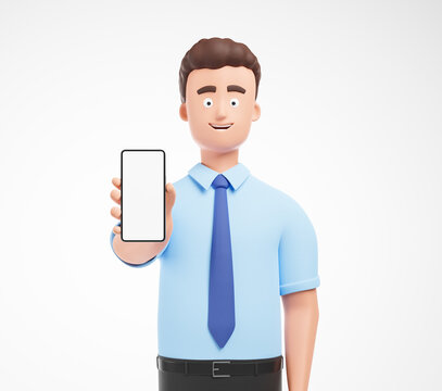 Cartoon businessman in blue shirt and blue tie showing smartphone with white blank mock up screen isolated over white background.
