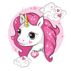 Cute little smiling unicorn with a heart shaped magic crystal on his neck .  Beautiful picture for your design.