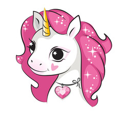 Cute little smiling unicorn with a heart shaped magic crystal on his neck . Isolated. Beautiful picture for your design.