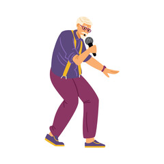 Senior man with microphone dance and sing of old songs at karaoke or music party