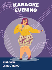 Karaoke evening poster layout with oversize woman flat vector illustration.