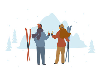 Fototapeta man and woman skiers enjoying winter holidays in mountains, apres ski back side view isolated vector illustration scene obraz