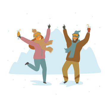 Man And Woman Skiers At Apres Ski Party Dancing Celebrating Cartoon Isolated Vector Illustration Scene