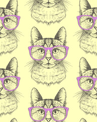 Seamless graphic pattern with hipster cat dressed violet glasses