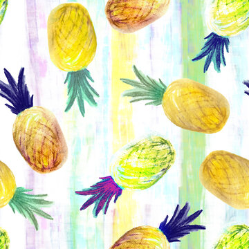 Pineapple hand-painted, all over textile pattern, vintige style. Seamless background. Summer time.