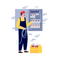 Electrician or lineman connecting wiring, flat vector illustration isolated.