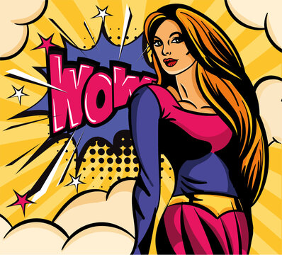 Cute pop art poster of superwoman in blue and violet costume