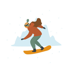 woman snowboarding in winter mountains resort isolated vector illustration graphic