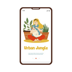 Urban jungle concept of mobile onboarding page, flat vector illustration.