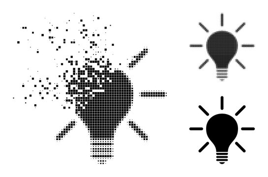 Dust dot light bulb icon with destruction effect, and halftone vector icon. Pixel dust effect for light bulb shows speed and movement of cyberspace items.