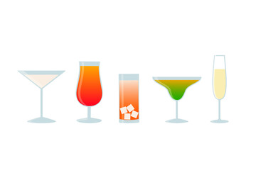 Set of tropical cocktails, juice and champagne glass. Collection of alcohol drinks isolated on white background