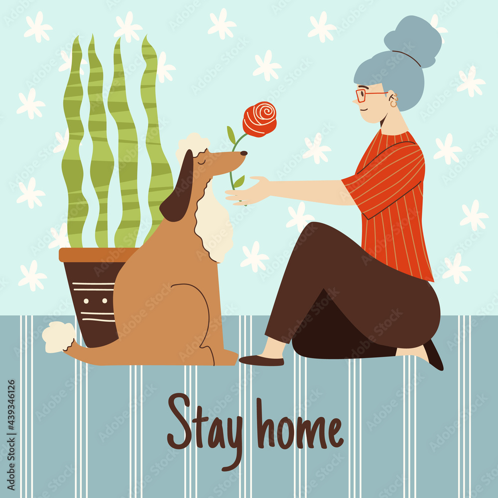 Wall mural Stay home banner design with woman playing with dog, flat vector illustration.