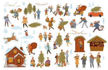 chrismas winter people set, men women children family couple prepare for xmas celebration, choose buy decorate tree house with lights, shopping walk pack presents, drink at christmas market scenes
