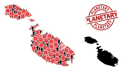 Mosaic map of Malta organized from virus outbreak items and population items. Planetary textured watermark. Black person elements and red virus outbreak items. Planetary text inside round watermark.