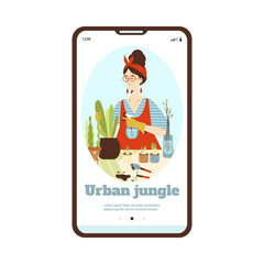 Mobile phone screen with woman who takes care for house green potted plants.