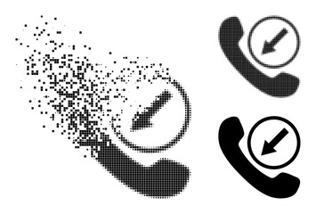 Dissipated pixelated incoming call glyph with destruction effect, and halftone vector icon. Pixel destruction effect for incoming call shows speed and movement of cyberspace matter.