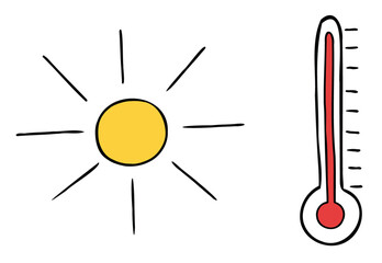 Cartoon vector illustration of sun, thermometer and very hot weather