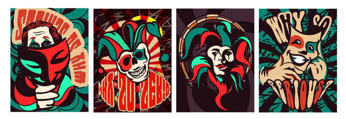 Cute colorful posters with joker wearing a mask for fun circus show - obrazy, fototapety, plakaty