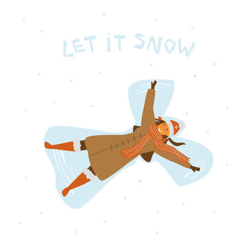 cute happy young woman making snowangel, isolated cartoon vector illustration graphic