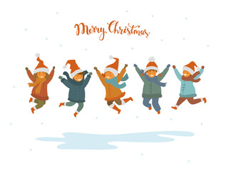 group of cute happy children, boys and girls jumping for joy for christmas, isolated vector illustration scene