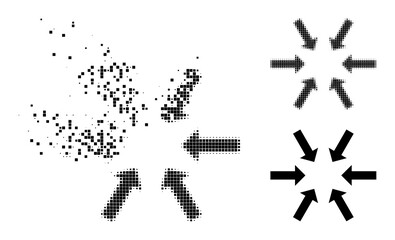 Fragmented dot compact arrows icon with wind effect, and halftone vector icon. Pixelated disintegration effect for compact arrows gives speed and movement of cyberspace objects.