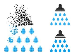 Fototapeta na wymiar Dissolving pixelated shower icon with wind effect, and halftone vector icon. Pixelated creation effect for shower demonstrates speed and movement of cyberspace concepts.