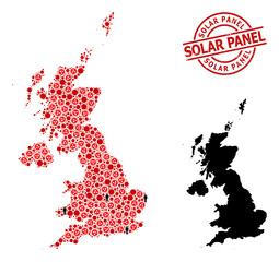 Obraz premium Mosaic map of United Kingdom designed from covid-2019 icons and people items. Solar Panel grunge seal. Black person icons and red covid-2019 icons. Solar Panel caption is inside round stamp.