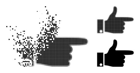 Moving pixelated hand pointer right pictogram with destruction effect, and halftone vector composition.