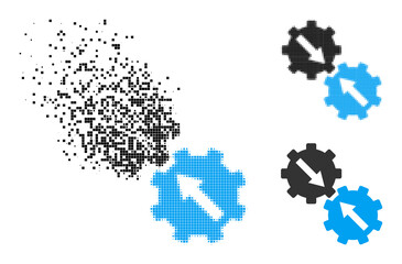 Fragmented pixelated gear integration icon with destruction effect, and halftone vector icon. Pixelated burst effect for gear integration demonstrates speed and motion of cyberspace abstractions.