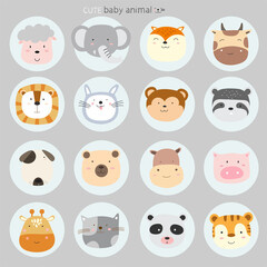 The cute animal cartoon icons set. hand drawn style