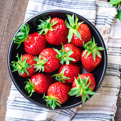 Strawberry berries red juicy fruit ripe sweet dessert fresh on the table healthy meal copy space food background rustic top view