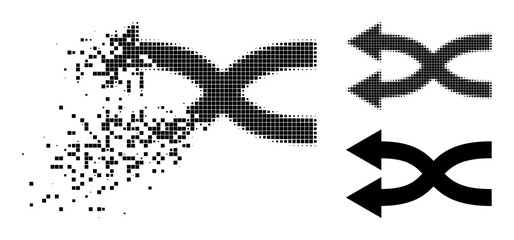Burst pixelated shuffle arrows left pictogram with wind effect, and halftone vector pictogram. Pixelated dissolving effect for shuffle arrows left demonstrates speed and motion of cyberspace objects.