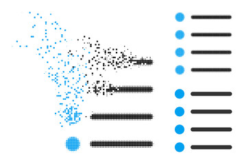 Dissolved dot items icon with destruction effect, and halftone vector icon. Pixelated dust effect for items shows speed and motion of cyberspace things.