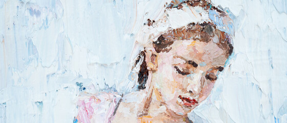 The painting is created in oil with expressive brush strokes. A young girl  is depicted on a beige background. © Mariia