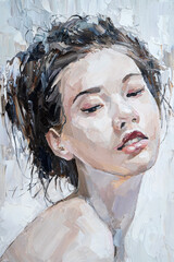 Portrait of an Asian girl on a white background. Oil painting on canvas.