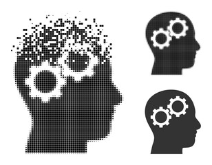 Dust pixelated brain gears glyph with wind effect, and halftone vector symbol. Pixelated transformation effect for brain gears demonstrates speed and movement of cyberspace items.