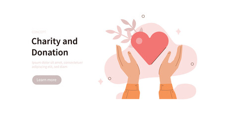 Volunteer hands holding big heart to supporting and giving help. Humanitarian assistance, charity and donation concept. Flat cartoon vector illustration.