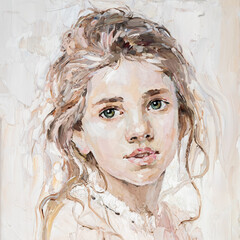 The painting is created in oil with expressive brush strokes. A young girl  is depicted on a beige background.
