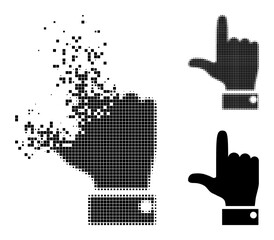 Destructed pixelated hand pointer up pictogram with destruction effect, and halftone vector pictogram.