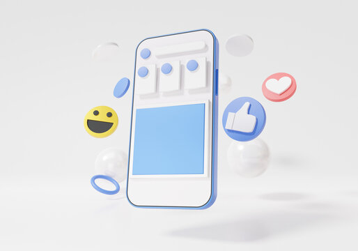 Social media online concept Smartphone floating digital marketing with show emoji, heart, like, smile to communicate digitally mobile photo on white background, banner, website, 3d rendering