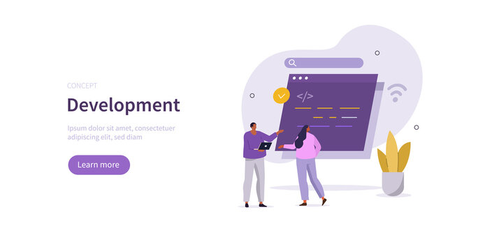 People characters learning programming. Students solving mathematical algorithms, coding program code, improving skills. Learn to code concept. Flat cartoon vector illustration.