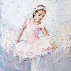 Little pretty ballerina in the pink dress on the white abstract background. Palette knife technique of oil painting and brush. © Mariia