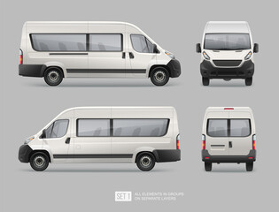 Passenger Van Mini Bus vector template for Mockup Advertising and Corporate identity on transport. Side view passenger bus.  Realistic Passenger Car Isolated on grey background - obrazy, fototapety, plakaty